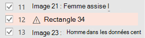 Un symbole d’avertissement apparaît en regard d’un élément qui a besoin d’un texte de remplacement.