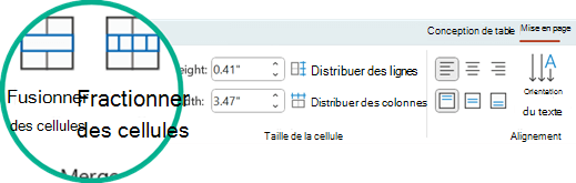Les commandes Fusionner les cellules et Fractionner les cellules se trouvent sous l’onglet Disposition dans PowerPoint.