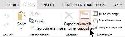 Bouton Nouvelle diapositive sous l’onglet Accueil ou le ruban