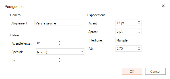 La boîte de dialogue Paragraphe propose des options permettant de définir l’alignement horizontal, la mise en retrait sur la marge gauche et l’espacement des lignes.