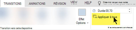 Sélectionnez Appliquer à tout pour utiliser la transition sur chaque diapositive de votre présentation.