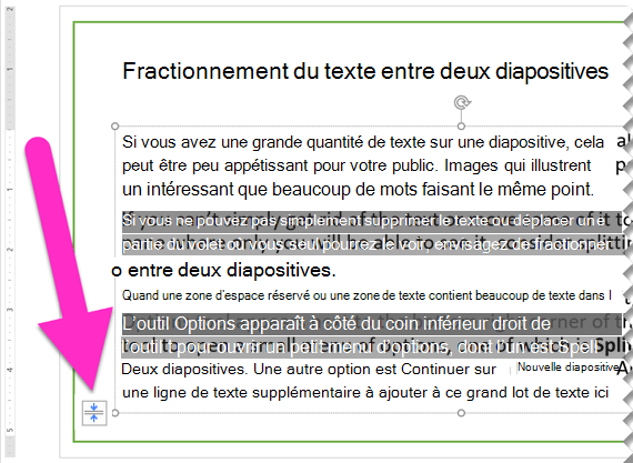 Bouton Options d’ajustement automatique mis en surbrillance à côté d’un espace réservé de texte trop rempli