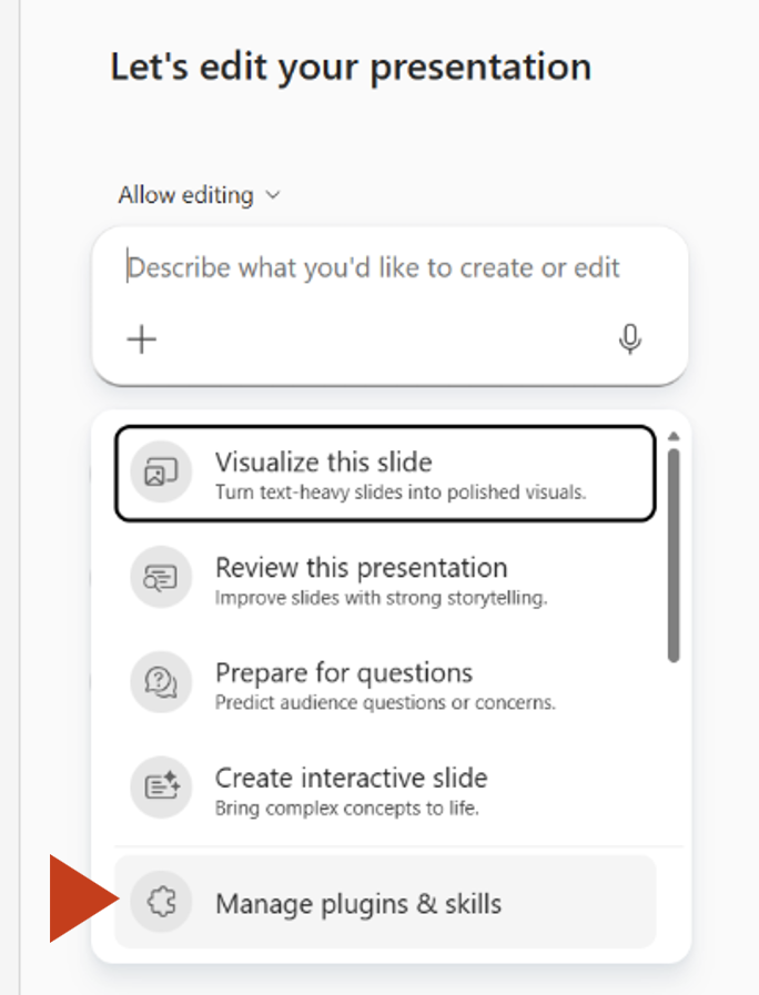 Capture d’écran montrant la sélection de Gérer les plug-ins et les compétences dans le menu Plus du volet Copilot.