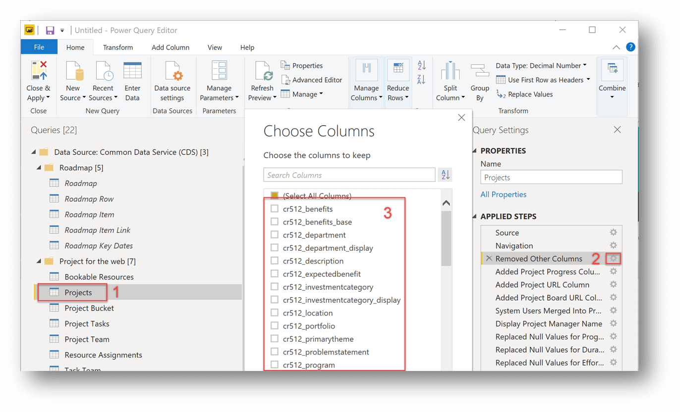 L’éditeur de requête Power BI avec des sections numérotées pour montrer comment les colonnes sont ajoutées. Le numéro 1 affiche les projets sous Requêtes ; le numéro 2 indique les listes à supprimer sous Étapes appliquées et le numéro 3 affiche les champs personnalisés qu’un organization a ajoutés à son entité Projects.