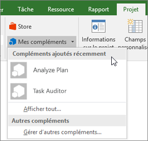 Capture d’écran de l’onglet Projet dans la zone Mes compléments avec le curseur en regard de la liste déroulante Compléments récemment utilisés. Les noms de plusieurs compléments s’affichent et vous pouvez cliquer dessus pour démarrer le complément.