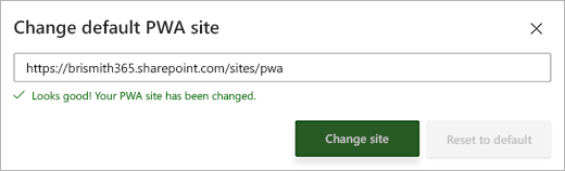 Capture d’écran de la boîte de dialogue Modifier le site PWA par défaut avec un message de réussite vert sous la zone de texte
