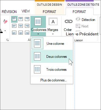 Capture d’écran des Outils de zone de texte, colonnes dans Publisher