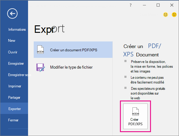 Bouton Créer un document PDF/XPS dans l’onglet Exporter de Word 2016