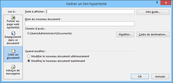 Création d’un lien hypertexte vers un nouveau fichier