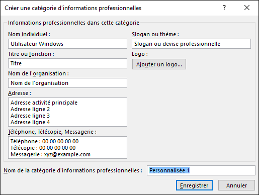 Capture d’écran de la boîte de dialogue Créer une catégorie d’informations professionnelles.