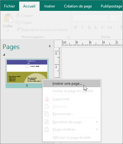 Insérer une page dans le volet Navigation entre les pages dans Publisher.