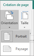 Onglet Création de page avec l’option Orientation sélectionnée et l’option Portrait ou Paysage mise en évidence.