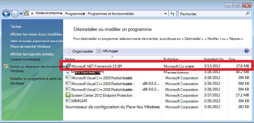 Programmes et fonctionnalités montrant que .NET Framework 3.5 SP1 est installé