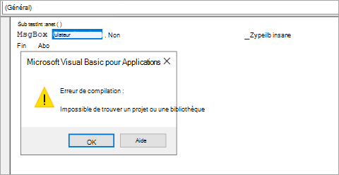 Capture d’écran de l’erreur VBA due au blocage des bibliothèques.