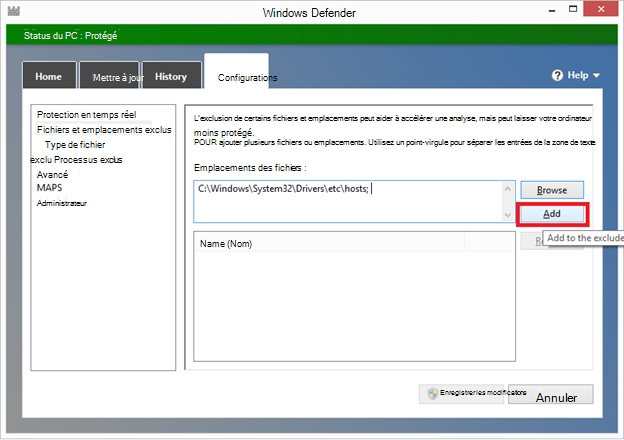 Page Exclusions de Windows Defender avec le bouton Ajouter mis en surbrillance