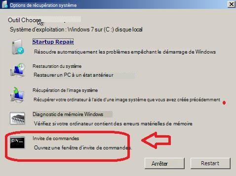 Menu Options de récupération système avec l’invite de commandes sélectionnée