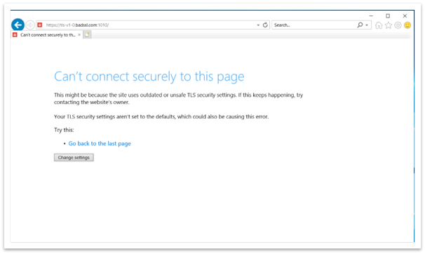 Fenêtre Internet Explorer lors de l’accès aux liaisons TLS 1.0 et 1.1