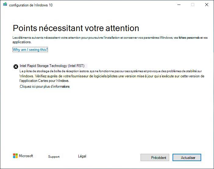 Blocage de compatibilité pour la technologie Intel Rapid Storage Technology (Intel RST)