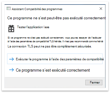 Fenêtre contextuelle de l’Assistant Compatibilité des programmes après la fermeture de l’application