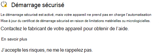 Capture d’écran de l’avertissement de la Sécurité Windows indiquant que les mises à jour du certificat de démarrage sécurisé sont bloquées