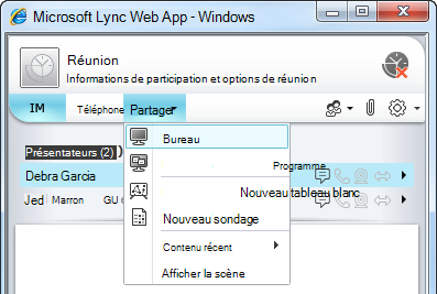 Menu Partager Lync Web App