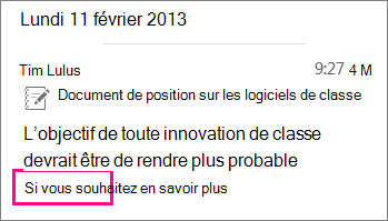 Capture d’écran du message instantané d’article réduit avec l’invite En savoir plus en surbrillance