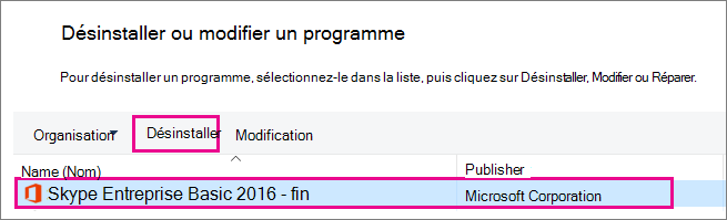 Dans le Panneau de configuration, choisissez Désinstaller des programmes, puis choisissez Skype Entreprise