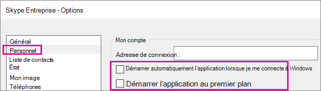 Sélectionnez Personnel, puis désélectionnez les options pour démarrer automatiquement.