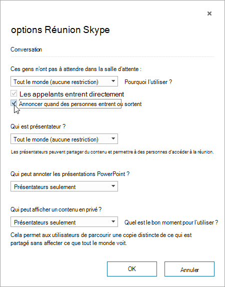 Meeting options dialog with announce when people enter or leave highlighted