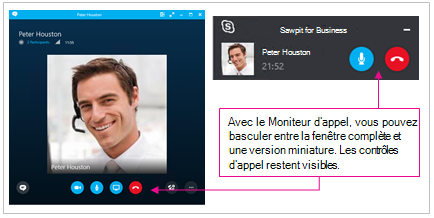 Captures d’écran des fenêtres Skype Entreprise normale et réduite