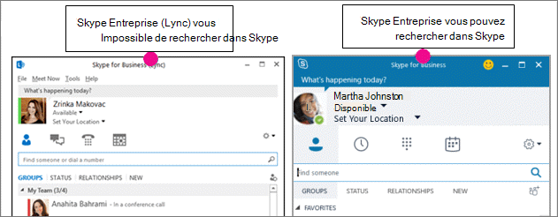 Comparaison des pages de contacts Skype Entreprise et Skype Entreprise (Lync)