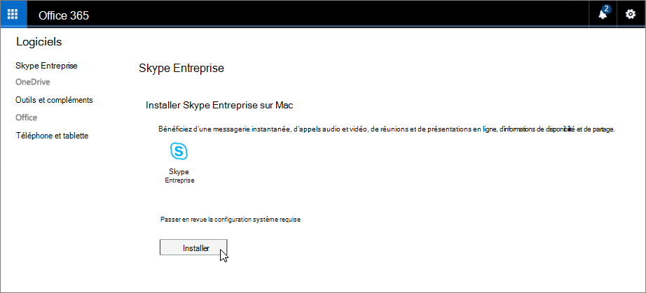 Page d’installation de Skype Entreprise sur Mac