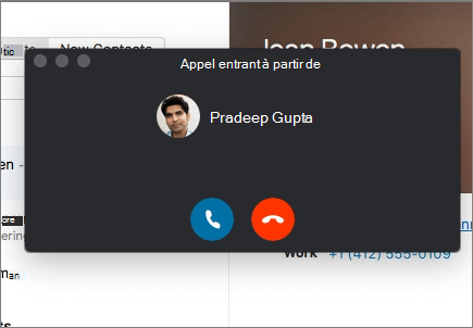 Capture d’écran de la boîte de dialogue d’appel entrant.