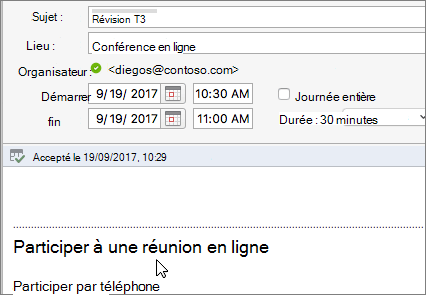 Capture d’écran de la boîte de dialogue de réunion affichant le lien Participer à une réunion en ligne.