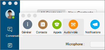 Capture d’écran de Skype Entreprise écran Préférences, avec le volet Audio/Vidéo sélectionné.