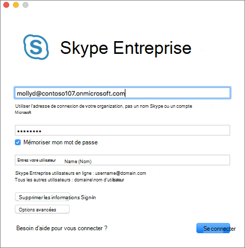 Écran de connexion de Skype Entreprise pour Mac