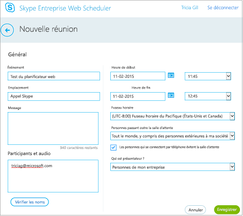 Écran Web Scheduler dans lequel indiquer les détails d’une réunion et ajouter des participants