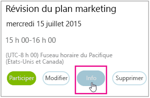Détails de la réunion avec le bouton Informations mis en évidence