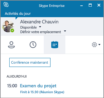 Capture d’écran de l’onglet Réunions de la fenêtre Skype Entreprise.