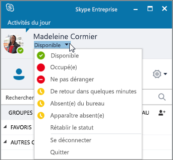 Capture d’écran de la fenêtre Skype Entreprise avec le menu Statut ouvert.