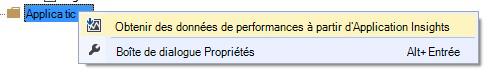 Menu contextuel de l’application avec l’option Obtenir les données de performances d’Application Insights sélectionnée