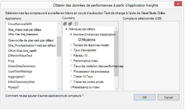 Obtenir les données de performances à partir d’Application Insights boîte de dialogue affichant les applications et les compteurs disponibles