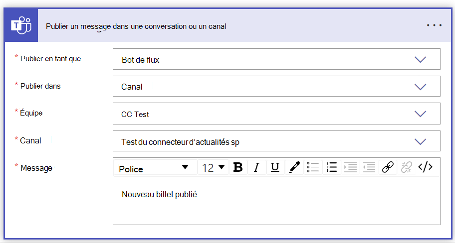 Capture d’écran du formulaire Publier un message dans un canal de conversation rempli