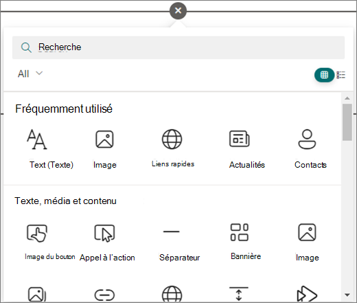 Sélectionnez le cercle dans une page SharePoint que vous modifiez pour afficher les composants WebPart disponibles.