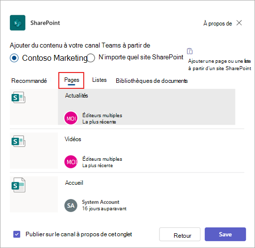 La boîte de dialogue Ajouter du contenu à votre canal Teams à partir de.