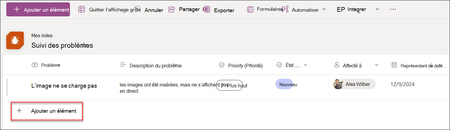 Capture d’écran de l’ajout d’un nouveau en mode Grille