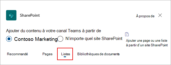 Sélectionnez Lists pour ajouter des listes à votre canal Teams.