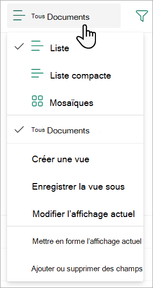 Capture d’écran montrant la liste déroulante de l’affichage Tous les documents utilisée pour modifier l’affichage d’une liste.
