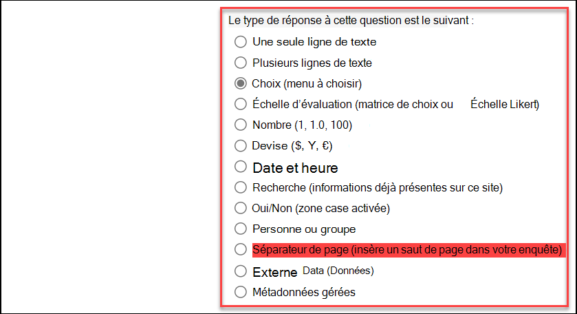 capture d’écran du type de réponse