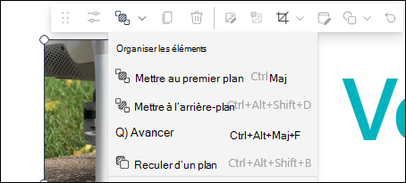 Liste déroulante Organiser les éléments dans la barre d’outils du composant WebPart